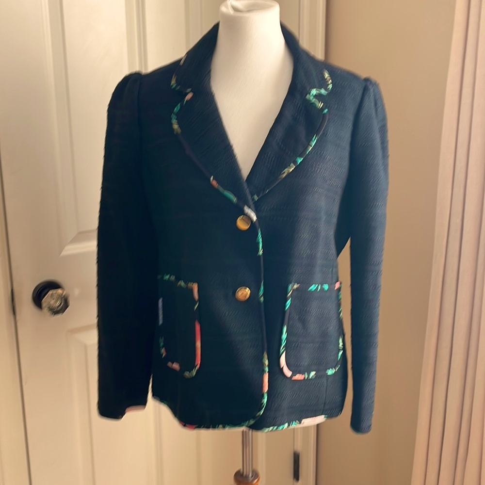 Kate Spade puff sleeve cotton blazer - black/multi floral color trim - size 10.